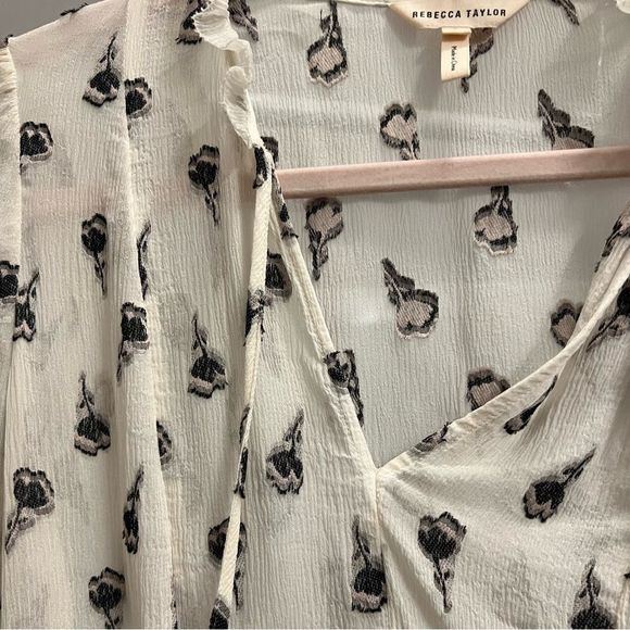 Rebecca Taylor Boho 100% Silk Chiffon Ruffle Ivory Black Floral Peasant Top S - Picture 12 of 16